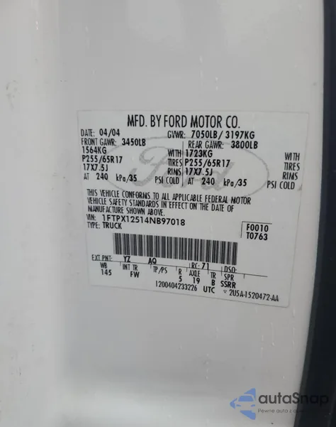 2004 Ford F150 z USA, uszkodzony, nr VIN 1FTPX12514NB97018